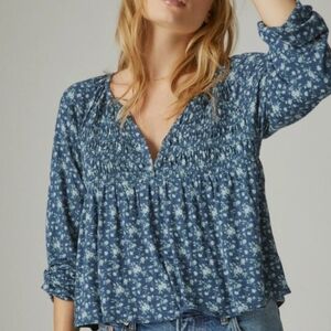 Lucky Brand Blue Floral Smocked Peasant Babydoll Blouse 3/4 Sleeve Top, Size S